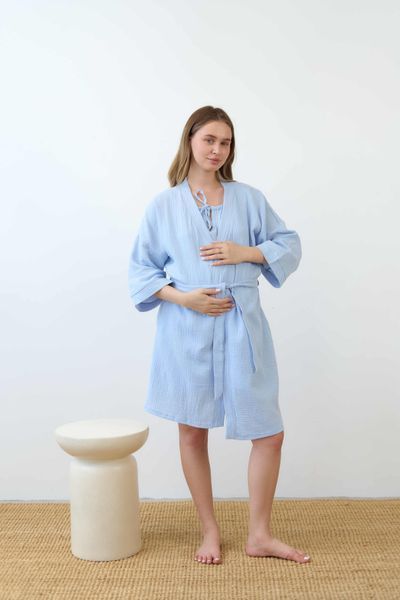 Мусліновий халат для вагітних та годуючих матусь, Блакитний 9034-6 фото